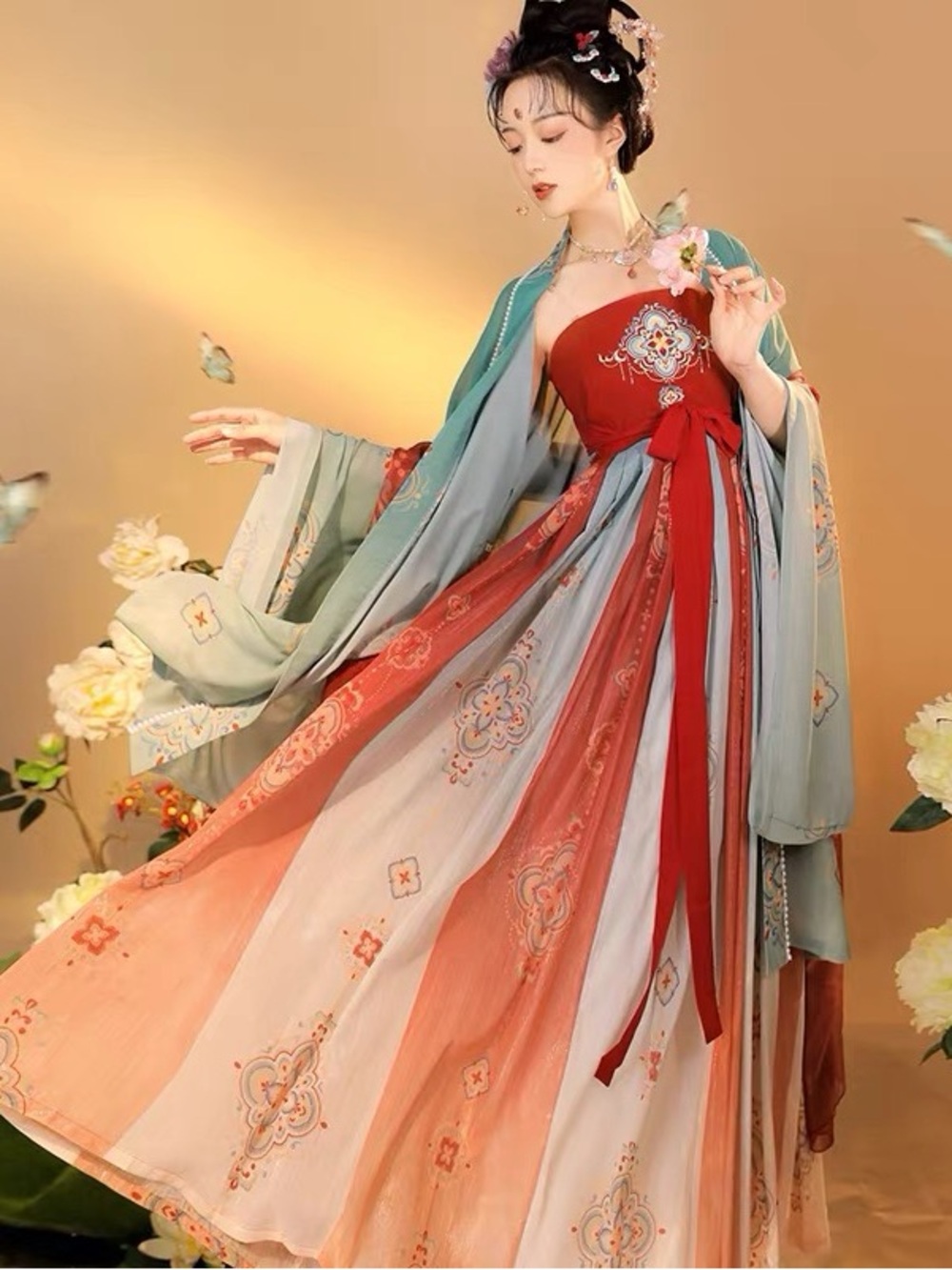Traditional-Inspired Red & Sage Multi-Color Strapless Dress with Sash